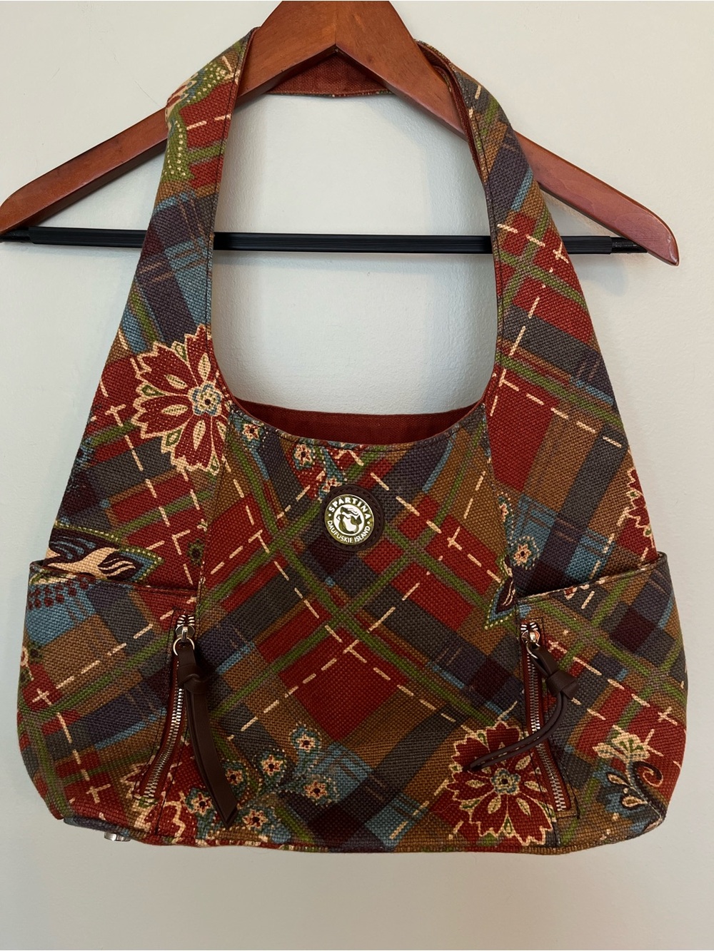 Spartina 449 Patchwork Plaid Floral Shoulder Bag in Red, Brown, Green, Blue
